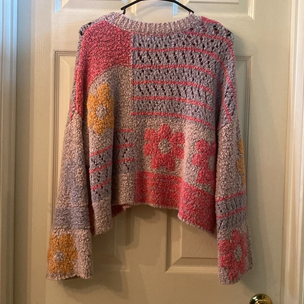 Moon & Madison Artistic Floral Kawaii Cute Purple, Pink, & Orange Sweater - Picture 9 of 14